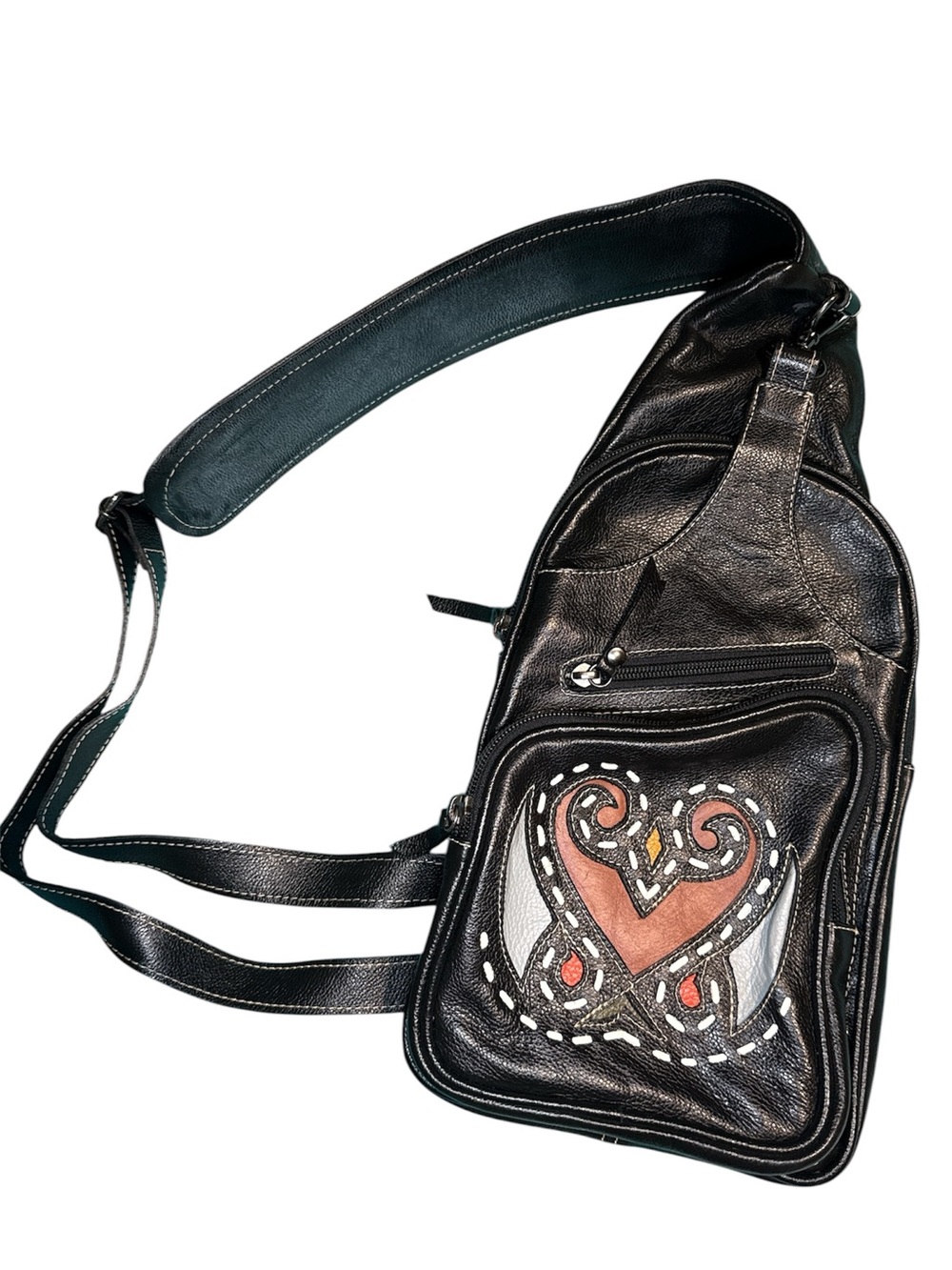 Black Embroidered Leather Sling Bag - Like New